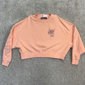 Disney Stitch Cropped Sweatshirt Size S Peach Orange Crew Neck Tropical Aloha